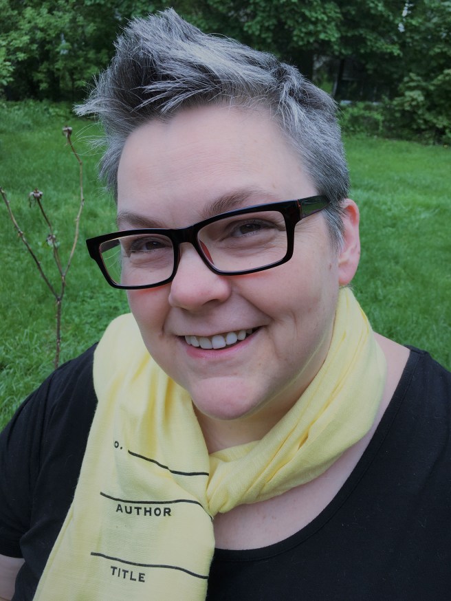 Beth Burnett in a library card catalog scarf