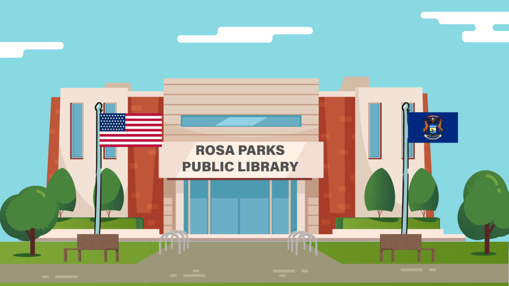 Outside of the animated Rosa Parks Public Library
